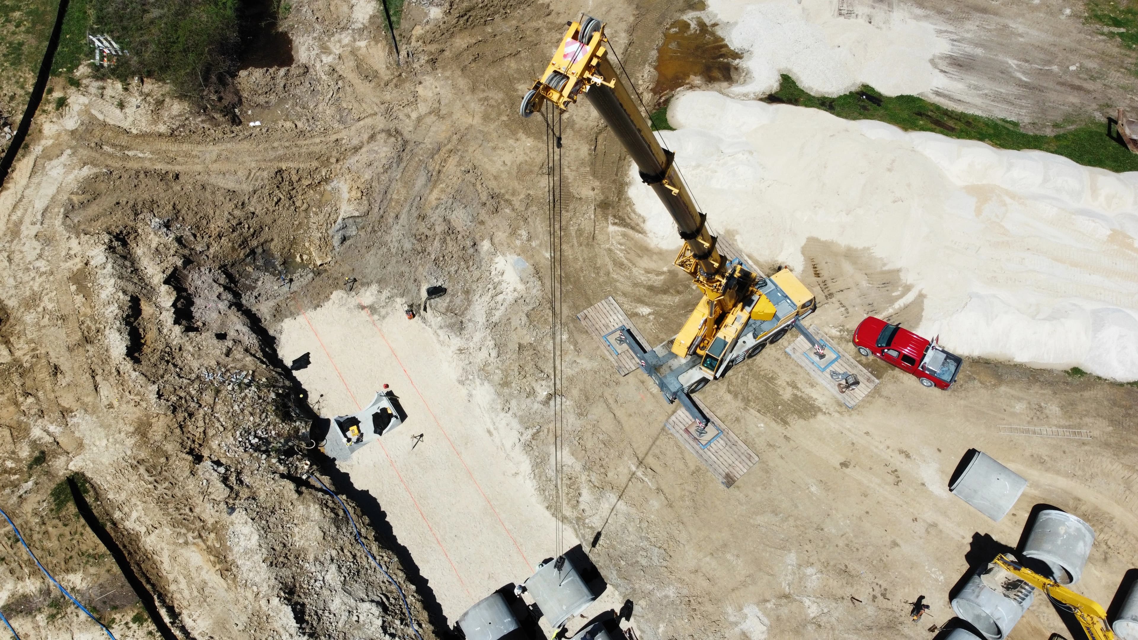 Crane fully erected on job site from above
