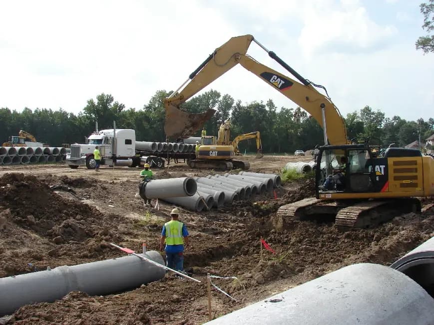 Semi Trailer truck delivering round pipe to a job site with construction workers